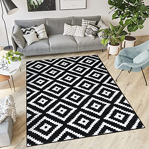 TAPISO Luxury Teppich Kurzflor Schwarz Weiß Modern Geometrisch Marokkanisch Gitter Karo Diamant Design Schlafzimmer Wohnzimmer ÖKOTEX 200 x 300 cm von TAPISO