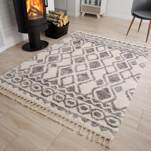 TAPISO Versay Teppich Shaggy Creme Grau Fransen Hochflor Langflor Modern Boho Geometrisch Rauten Design Wohnzimmer Schlafzimmer ÖKOTEX 200 x 300 cm von TAPISO