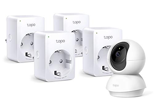 TP-Link Tapo C200 WLAN IP Kamera Überwachungskamera (Linsenschwenkung- und Neigung, 1080p-Auflösung, 2-Wege-Audio) Weiß + smarte WLAN Steckdose (4 pack) (Fernzugriff, Zeitpläne) weiß von TP-Link