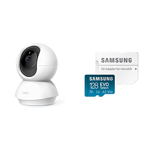 Tapo TP-Link C200 360°-WLAN-Überwachungskamera für den Innenbereich, FHD 1080P, Nachtsicht, Bewegungserkennung & Samsung EVO Select microSD Speicherkarte, 128 GB, UHS-I U3, Full HD, 130MB/s Lesen von Tapo