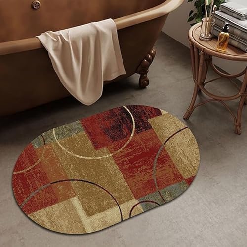 Modern Design Carpet Teppich Oval Kurzflor Teppich Rotes und braunes quadratisches geometrisches Puzzle Korridor Schlafzimmer, Küche, Wohnzimmer Oval 120X180CM von Tappeti Design