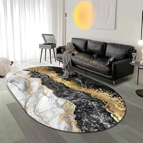 Tappeti Design Designer Teppich Oval Modern Kurzflor abstraktes Schwarz-Weiß-Gold Flur Schlafzimmer Küche Wohnzimmer kinderzimmer Oval 130X200CM von Tappeti Design