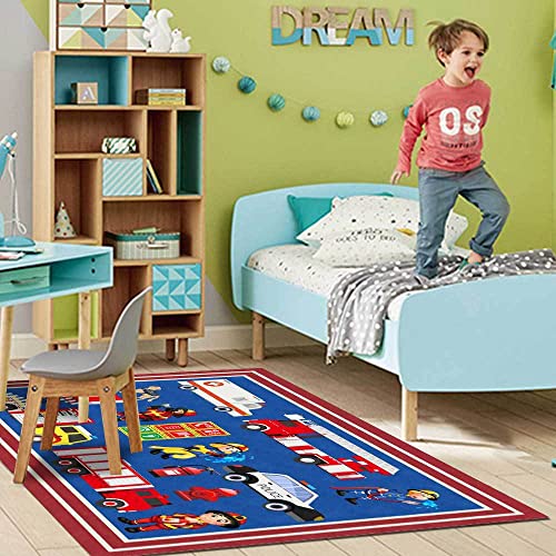 Tappeti Design Kinderteppiche für Spiel Niedliches Cartoon-Feuerwehrauto Dunkelblau,|Pädagogische Sensorik|-100x120cm von Tappeti Design