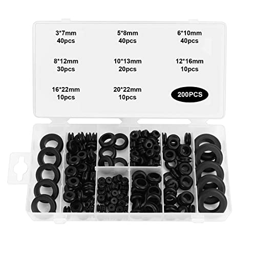 Gummitülle Dichtungsringe Set,Tapsin 200 Stück Gummitülle Sortiment Set 8 Größen Gummistopfen Gummitülle Kabeldurchführung Karosseriestopfen Gummi Unterlegscheiben Dichtungsringe Set von Tapsin