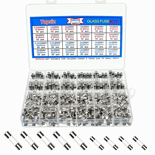 Tapsin 360 Stück Sicherungen Glassicherungen Sortiment 24 Werte 5 x 20mm 6 x 30mm 0.25A 0,5A 1A 2A 3A 4A 5A 6A 7A 8A 10A 12A 15A 20A 250V Feinsicherung Sicherung Glassicherung Kit von Tapsin