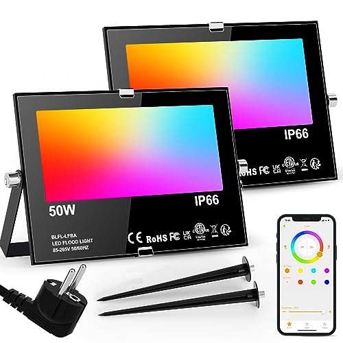 LED Strahler Außen RGB 50W Flutlicht Dimmbar Bunt & Kaltweiß, Smart Bluetooth APP Steuerung Flutlichtstrahler, IP66 Wasserdicht Aussenstrahler, Fluter für Aussen Innen Garten Hinterhof, Garage-2 Stk LED Strahler Außen RGB 50W Flutlicht Dimmbar Bunt & Kaltweiß, Smart Bluetooth APP Steuerung Flutlichtstrahler, IP66 Wasserdicht Aussenstrahler, Fluter für Aussen Innen Garten Hinterhof, Garage-2 Stk von Taptoron