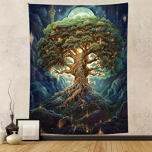 Tapzen Baum des Lebens Wandteppich für Schlafzimmer Ästhetischer Mond Stern Galaxie Wald Natur Wandteppich Wandbehang Boho Pflanze Vertikaler Wandteppich für Schlafzimmer Wohnzimmer Wohnheim (80 x 60 von Tapzen