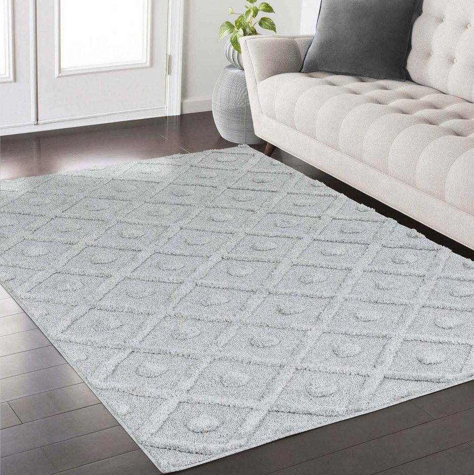 Designteppich Designerteppich Tokio hoch-tief Struktur Rauten uni, TaraCarpet, rechteckig, Höhe: 20 mm, moderner scandi BOHO grau Wohnzimmer Schlafzimmer Flur 080x150 cm von TaraCarpet