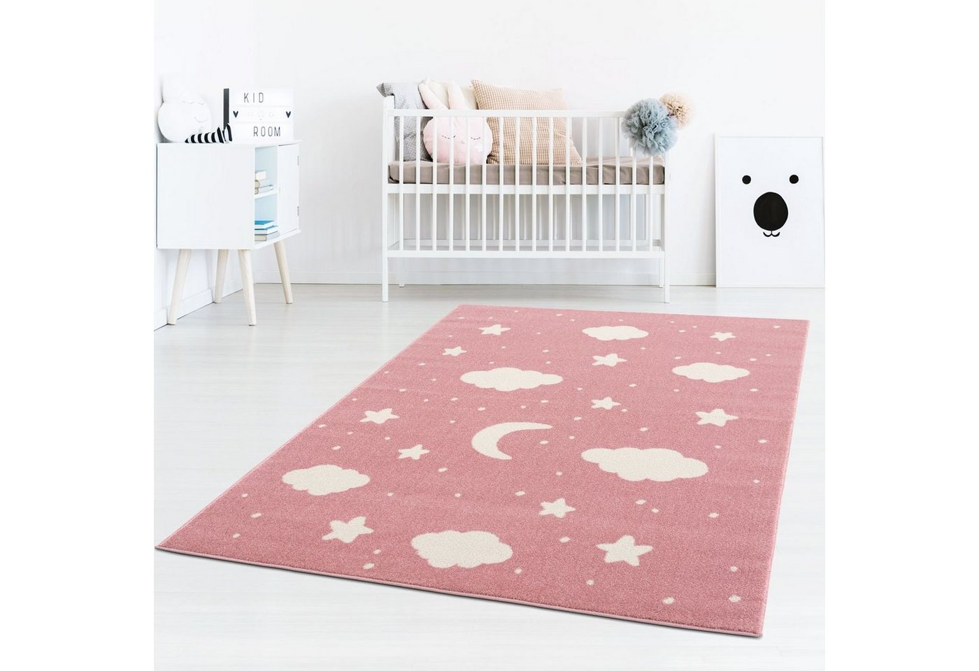 Kinderteppich Tara Kids Bueno Sterne und Wolken, TaraCarpet, rechteckig, Höhe: 13 mm, Kinderzimmerteppich Babyzimmer Sterne und Wolken rosa creme 080X150 von TaraCarpet