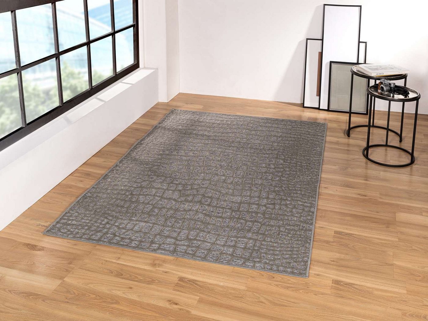 Teppich Edlel glänzender Flachflorteppich Genoa 938512 Snake, TaraCarpet, rechteckig, Höhe: 9 mm, BOHO Vintage Teppich grau Wohnzimmer Esszimmer Schlafzimmer 100x140 von TaraCarpet