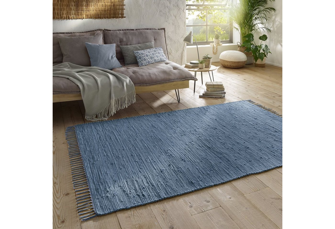 Teppich Flickenteppich TaraCarpet Sylt mit Fransen, TaraCarpet, rechteckig, Höhe: 5 mm, Wohnzimmer Schlafzimmer Küchenteppich nachhaltig blau 070x140 von TaraCarpet