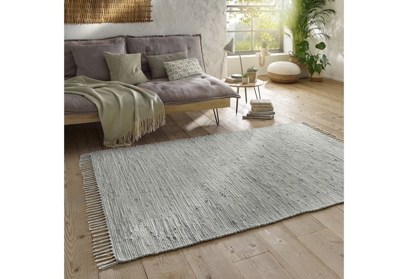 Teppich Flickenteppich TaraCarpet Sylt mit Fransen, TaraCarpet, rechteckig, Höhe: 5 mm, Wohnzimmer Schlafzimmer Küchenteppich nachhaltig grau 060x120 von TaraCarpet