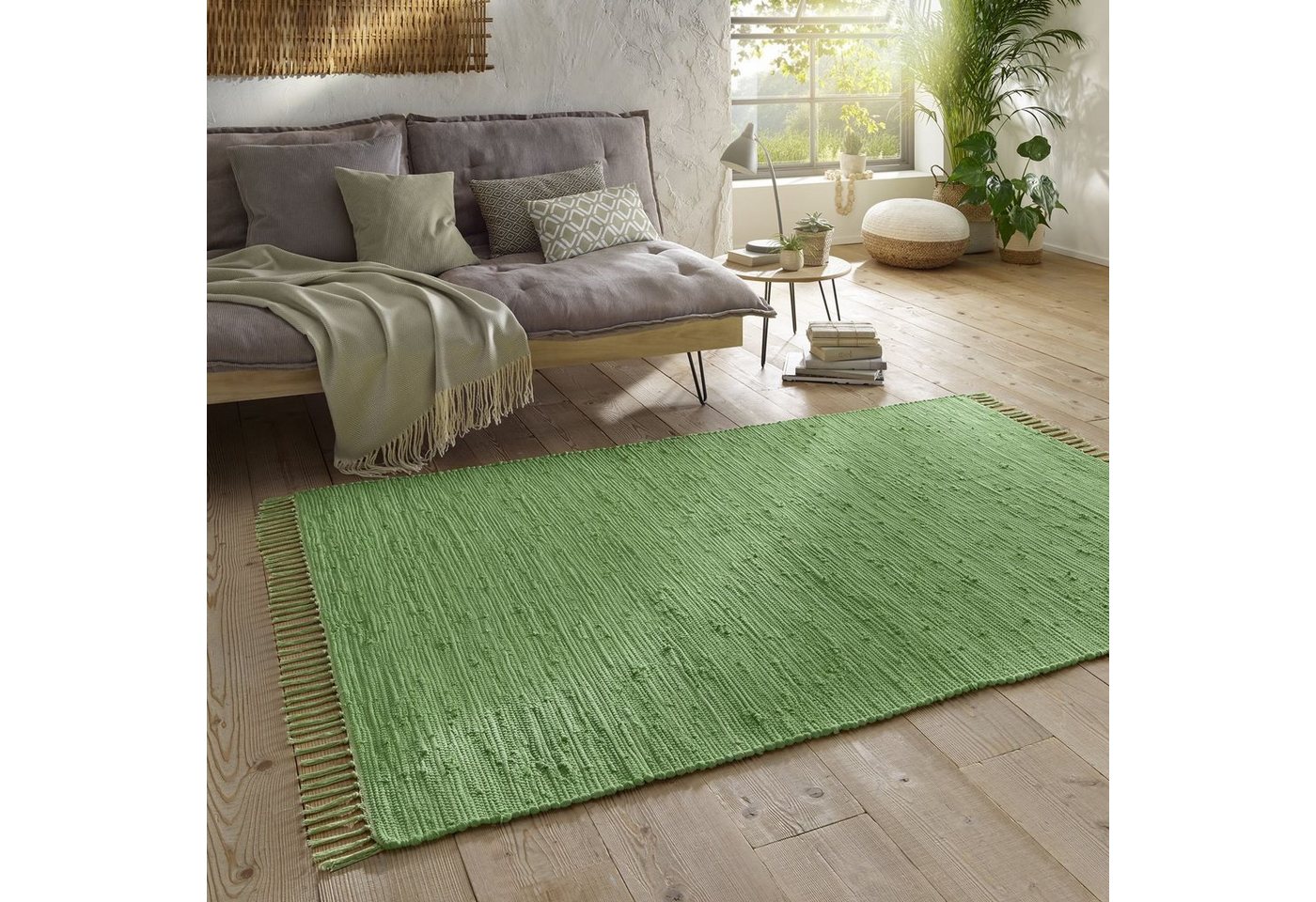Teppich Flickenteppich TaraCarpet Sylt mit Fransen, TaraCarpet, rechteckig, Höhe: 5 mm, Wohnzimmer Schlafzimmer Küchenteppich nachhaltig grün 060x120 von TaraCarpet