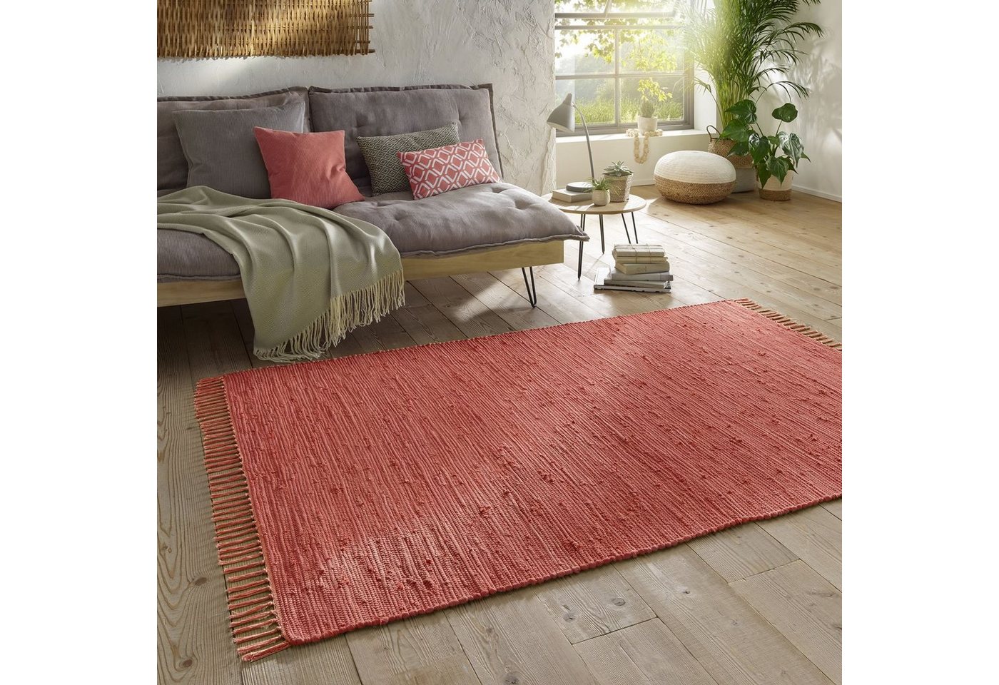 Teppich Flickenteppich TaraCarpet Sylt mit Fransen, TaraCarpet, rechteckig, Höhe: 5 mm, Wohnzimmer Schlafzimmer Küchenteppich nachhaltig rot 060x090 von TaraCarpet