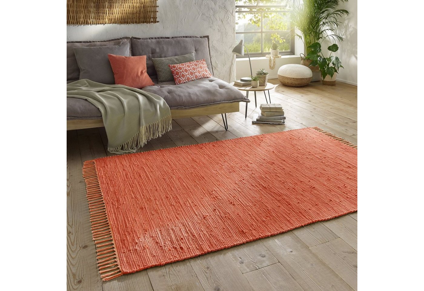 Teppich Flickenteppich TaraCarpet Sylt mit Fransen, TaraCarpet, rechteckig, Höhe: 5 mm, Wohnzimmer Schlafzimmer Küchenteppich nachhaltig terracotta 060x120 von TaraCarpet