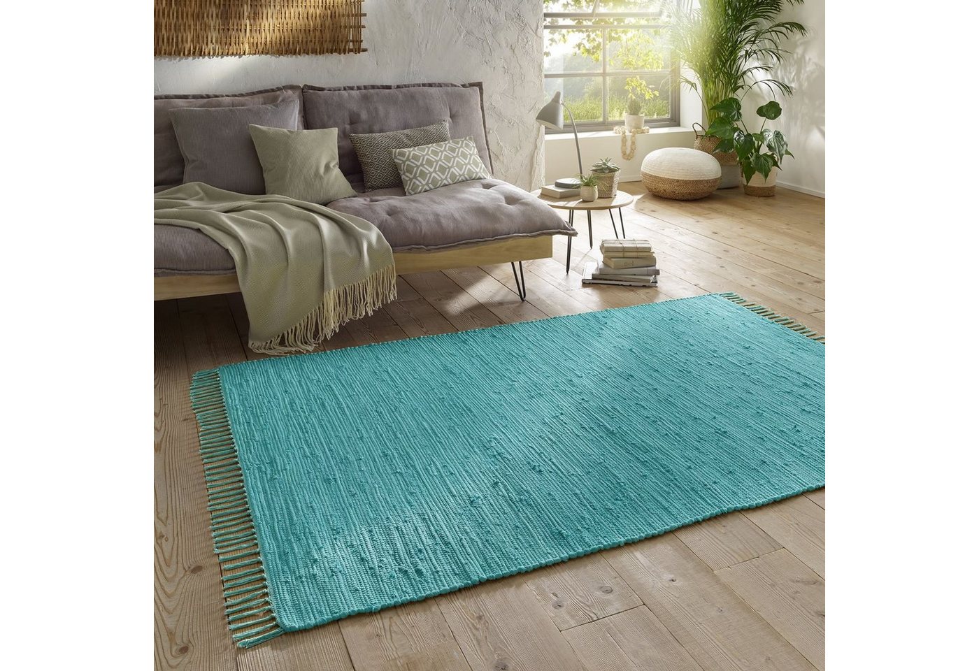 Teppich Flickenteppich TaraCarpet Sylt mit Fransen, TaraCarpet, rechteckig, Höhe: 5 mm, Wohnzimmer Schlafzimmer Küchenteppich nachhaltig türkis 070x250 von TaraCarpet