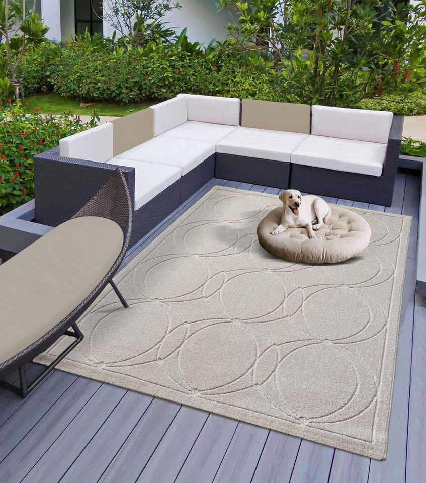 Teppich Indoor & Outdoor Teppich Capri modernes Kreise Design, TaraCarpet, rechteckig, Höhe: 5 mm, Kurzflor creme In & Outdoor Balkon Terrasse Wohnzimmer 80x150 von TaraCarpet