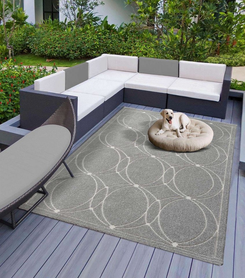 Teppich Indoor & Outdoor Teppich Capri modernes Kreise Design, TaraCarpet, rechteckig, Höhe: 5 mm, Kurzflor grau In & Outdoor Balkon Terrasse Wohnzimmer 80x150 von TaraCarpet