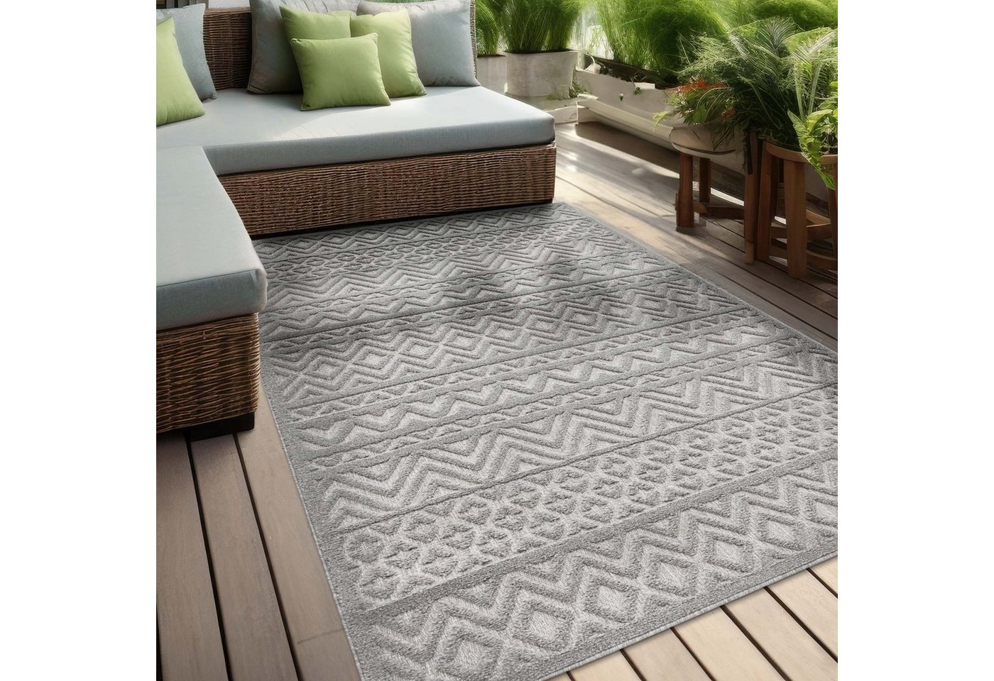 Teppich Indoor und Outdoor Teppich wetterfest Barcelona Orientalisch Scandi, TaraCarpet, rechteckig, Höhe: 10 mm, oriental Boho grau Wohnzimmer Schlafzimmer Esszimmer 80X150 von TaraCarpet