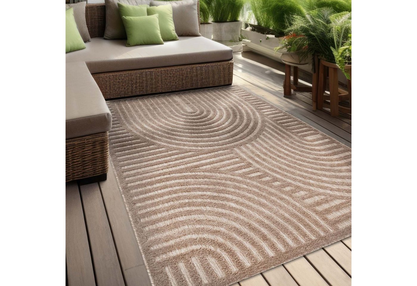 Teppich Indoor und Outdoor Teppich wetterfest Barcelona Wave Boho Style, TaraCarpet, rechteckig, Höhe: 10 mm, Wave Boho beige Wohnzimmer Schlafzimmer Esszimmer 80X250 von TaraCarpet