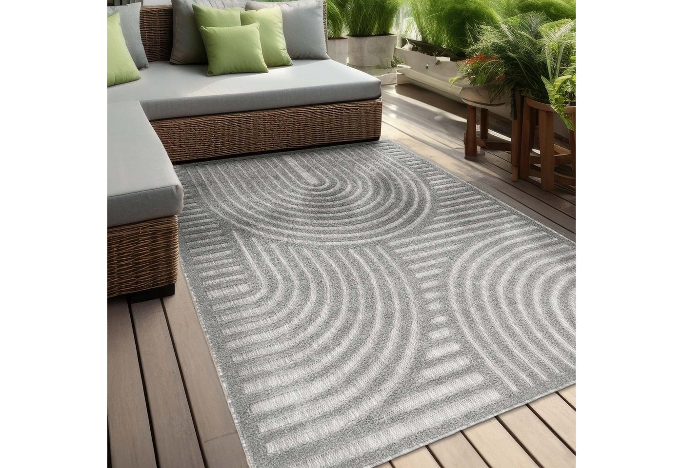 Teppich Indoor und Outdoor Teppich wetterfest Barcelona Wave Boho Style, TaraCarpet, rechteckig, Höhe: 10 mm, Wave Boho grau Wohnzimmer Schlafzimmer Esszimmer 80X250 von TaraCarpet