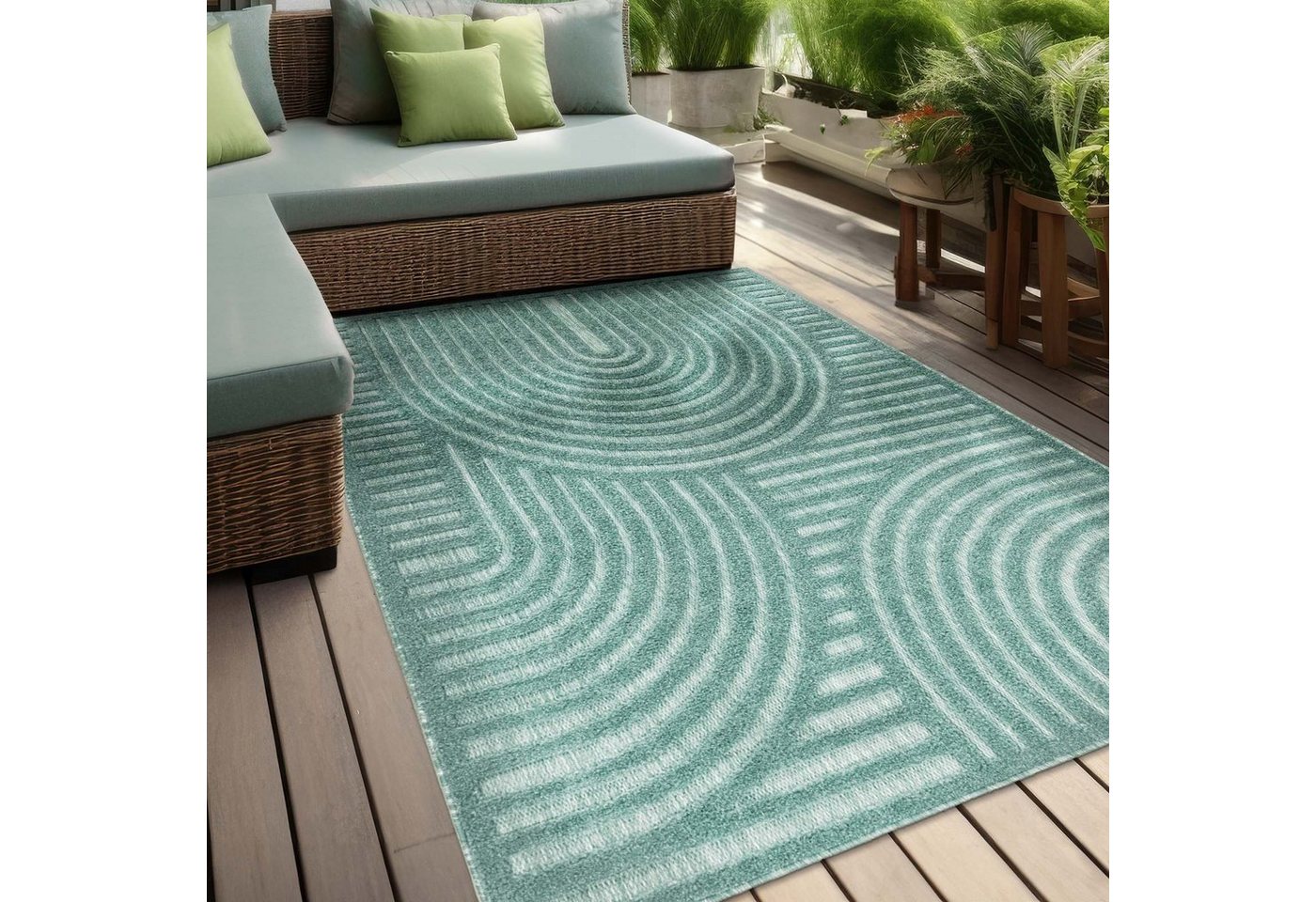 Teppich Indoor und Outdoor Teppich wetterfest Barcelona Wave Boho Style, TaraCarpet, rechteckig, Höhe: 10 mm, Wave Boho türkis Wohnzimmer Schlafzimmer Esszimmer 80X150 von TaraCarpet