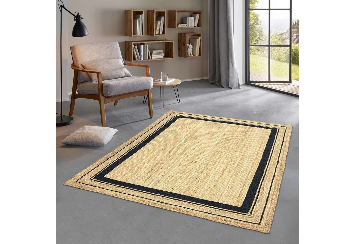 Teppich Jute Durry Bordüre Flachgewebe Boho Modern, TaraCarpet, rechteckig, Höhe: 5 mm, Teppich Sisal optik Bordüre schwarz Wohnzimmer 60x110 cm von TaraCarpet