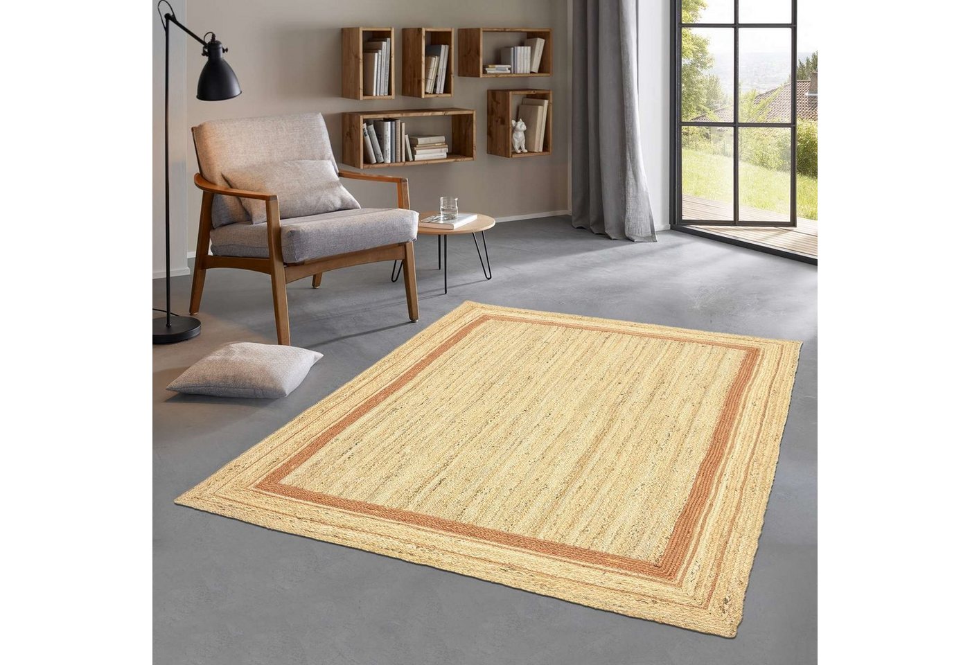 Teppich Jute Durry Bordüre Flachgewebe Boho Modern, TaraCarpet, rechteckig, Höhe: 5 mm, Teppich Sisal optik Bordüre terra Wohnzimmer 60x110 cm von TaraCarpet