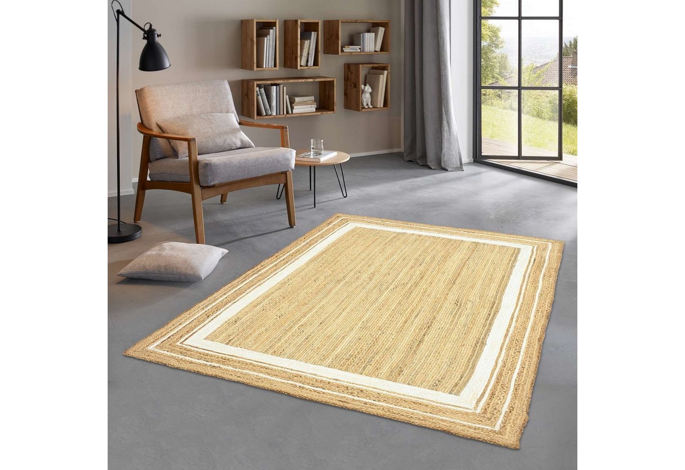 Teppich Jute Durry Bordüre Flachgewebe Boho Modern, TaraCarpet, rechteckig, Höhe: 5 mm, Teppich Sisal optik Bordüre weiß Wohnzimmer 60x110 cm von TaraCarpet