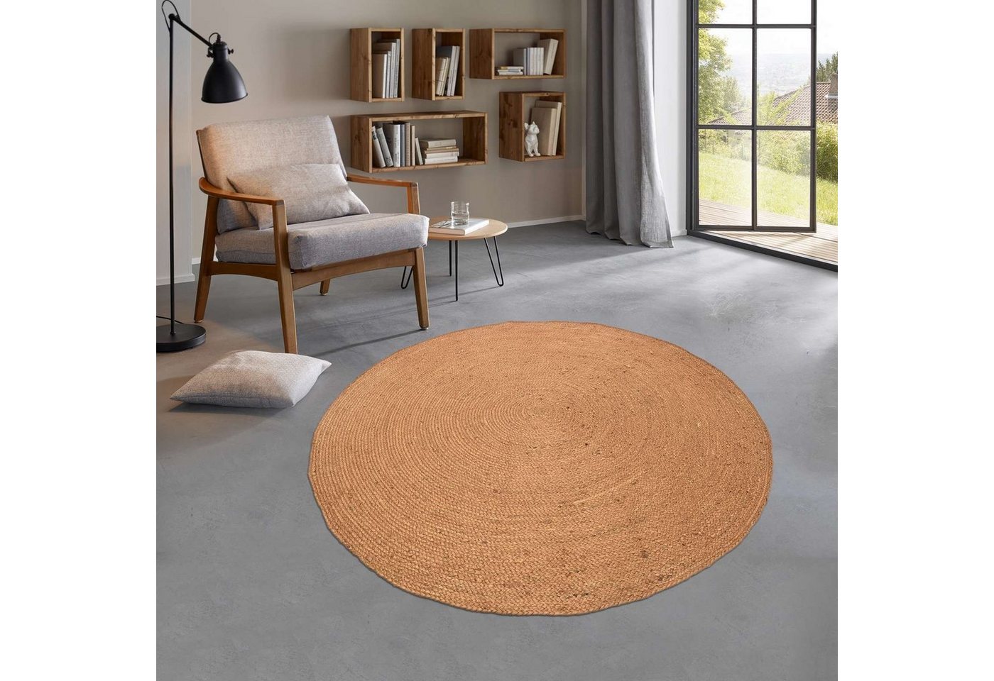 Teppich Jute Teppich Mani Colour rund Flachgewebe Boho Modern, TaraCarpet, rund, Höhe: 5 mm, Teppich Sisal optik rund terra Wohnzimmer 100x100 cm rund von TaraCarpet