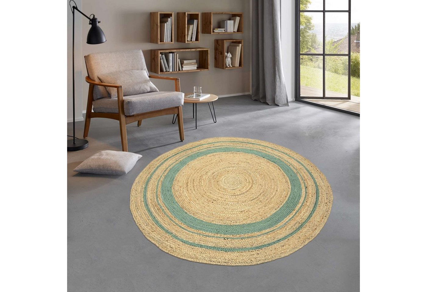 Teppich Jute Teppich Mani stripes rund Flachgewebe Boho Modern, TaraCarpet, rund, Höhe: 5 mm, Sisal optik Bordüre grün Wohnzimmer Flur 120x120 cm rund von TaraCarpet