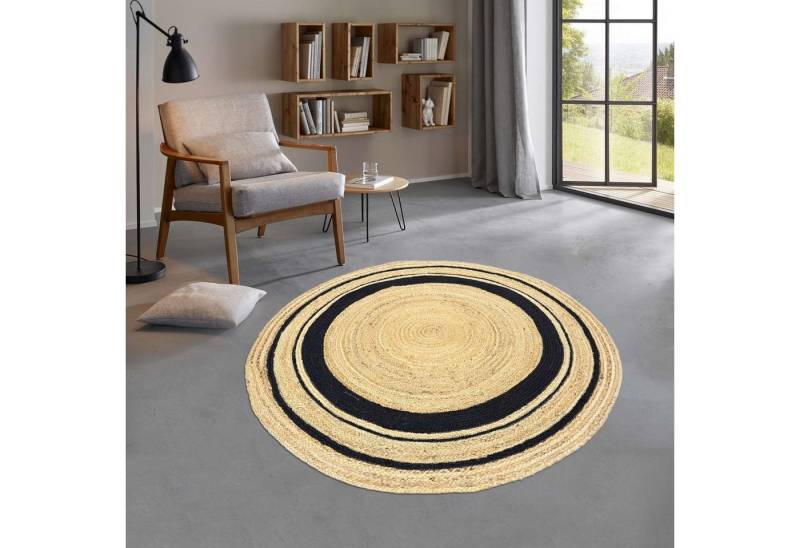 Teppich Jute Teppich Mani stripes rund Flachgewebe Boho Modern, TaraCarpet, rund, Höhe: 5 mm, Sisal optik Bordüre schwarz Wohnzimmer Flur 120x120 cm rund von TaraCarpet