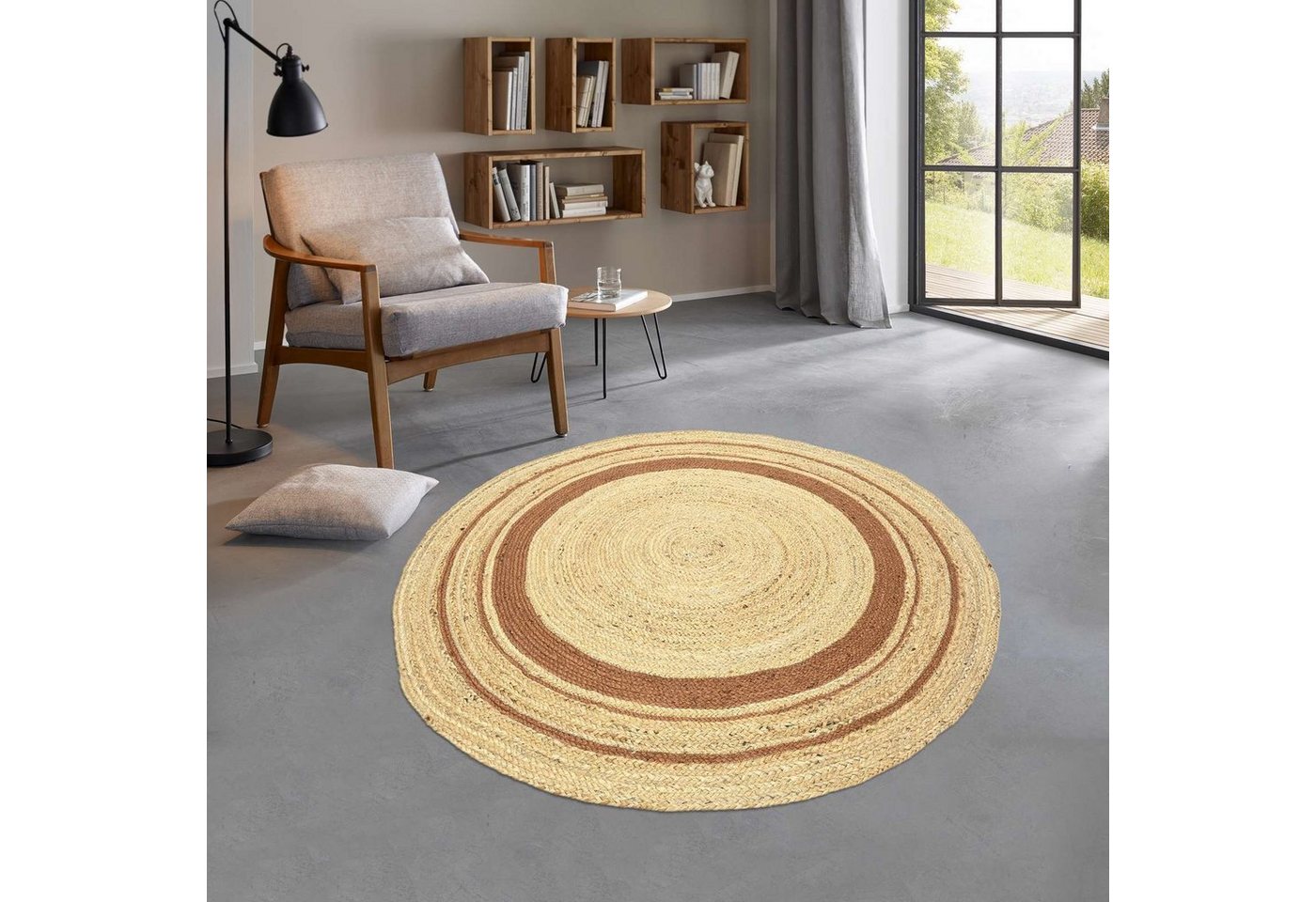 Teppich Jute Teppich Mani stripes rund Flachgewebe Boho Modern, TaraCarpet, rund, Höhe: 5 mm, Sisal optik Bordüre terra Wohnzimmer Flur 150x150 cm rund von TaraCarpet