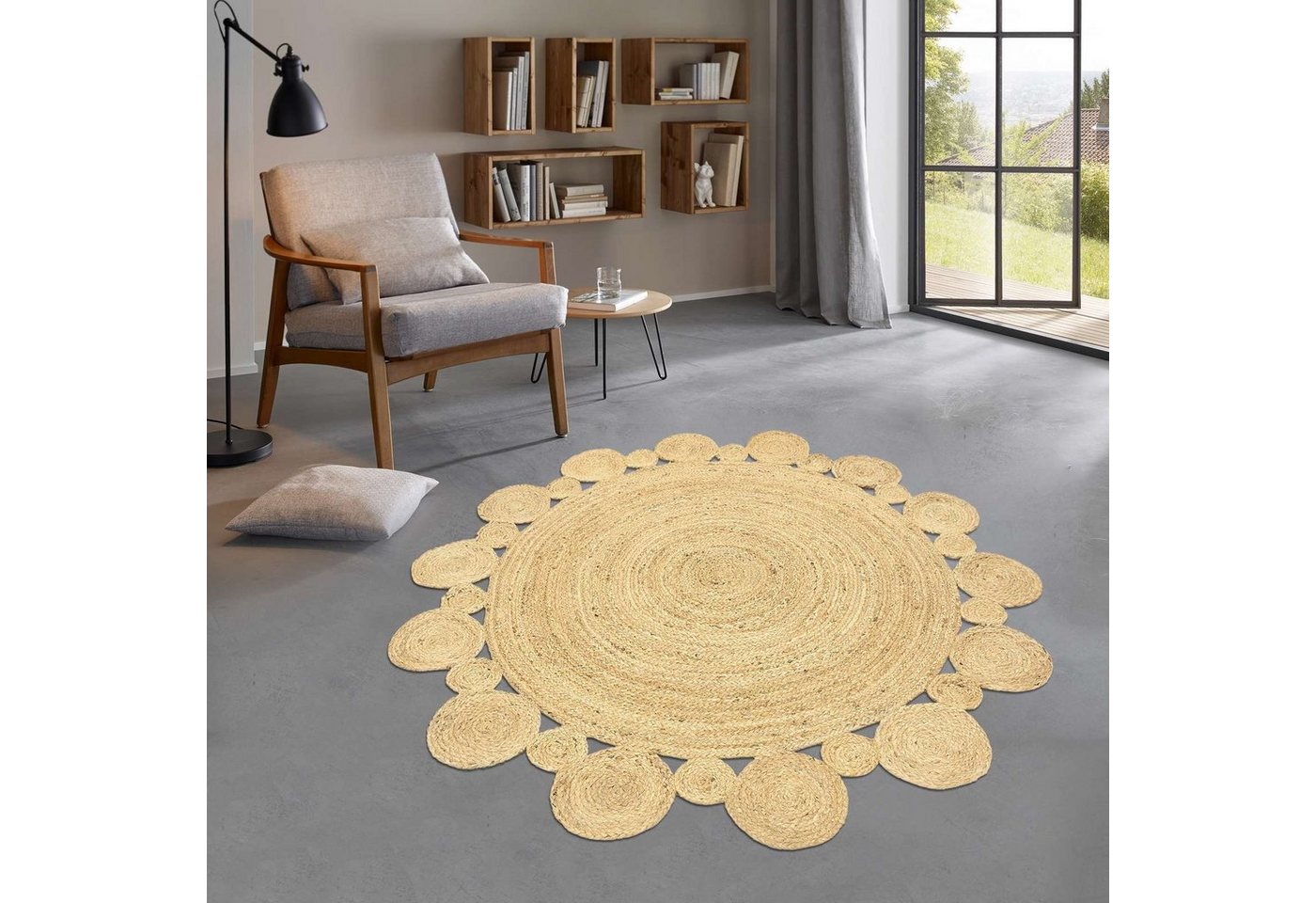 Teppich Jute Teppich Mira natur rund Flachgewebe Boho Modern, TaraCarpet, rund, Höhe: 5 mm, Bast Sisal optik rund natur Wohnzimmer Esszimmer 100x100 cm rund von TaraCarpet