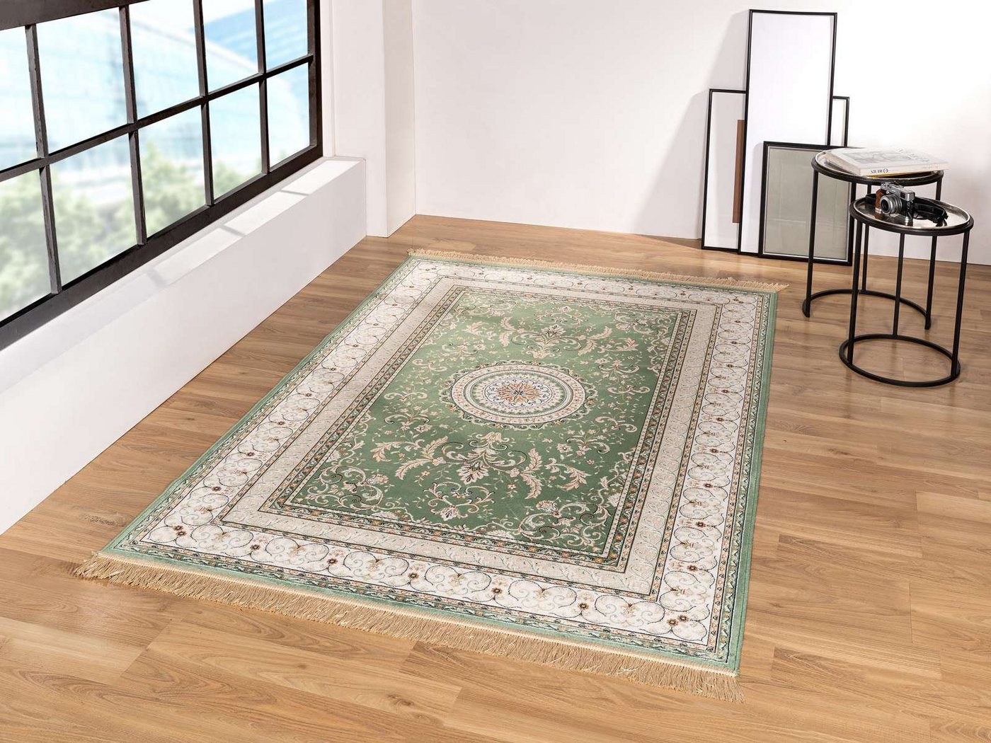 Teppich Moderner Orientteppich Palazzo Royal 914377, TaraCarpet, rechteckig, Höhe: 6 mm, Boho Vintage Aubusson grün Wohnzimmer Schlafzimmer Esszimmer 067x210 von TaraCarpet