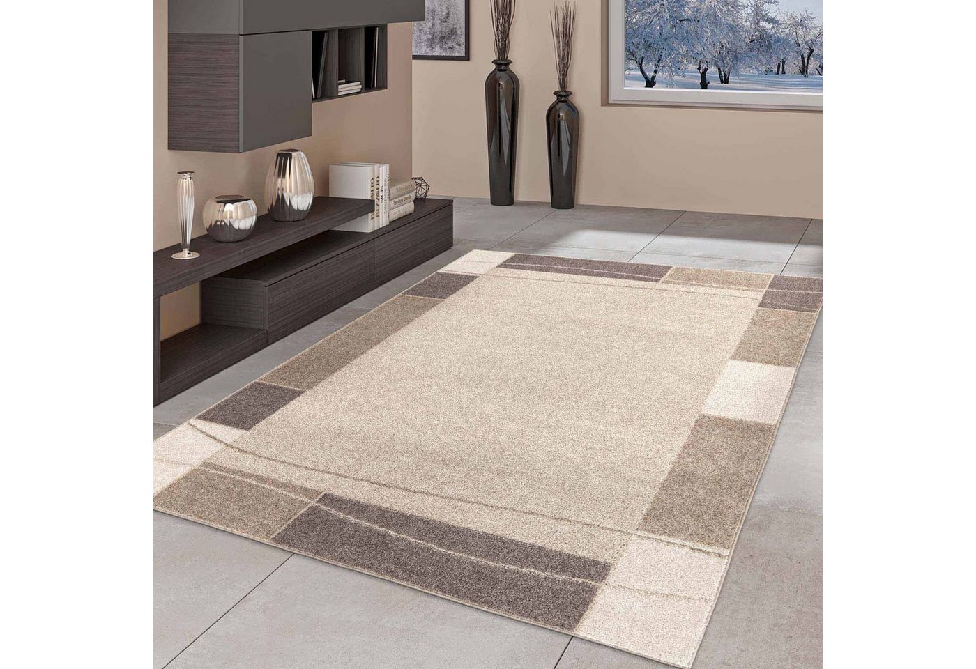 Teppich Moderner Teppich Aragon 54 Bordüre, TaraCarpet, rechteckig, Höhe: 13 mm, Designer Bordüre braun Wohnzimmer Schlafzimmer Esszimmer 080X150 cm von TaraCarpet