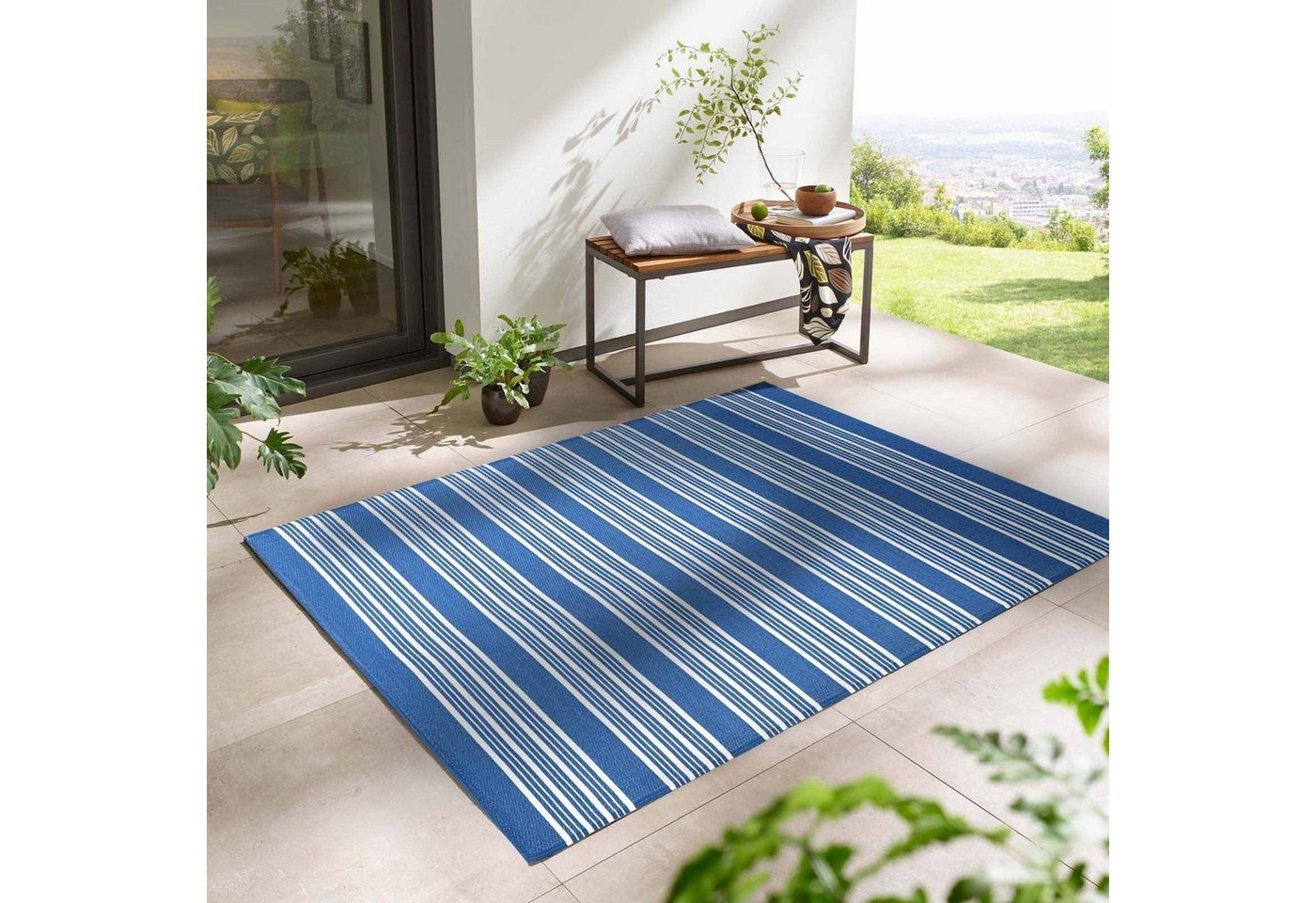 Teppich TaraCarpet Outdoor Teppich Santa Monica wetterfest, TaraCarpet, rechteckig, Höhe: 3 mm, Kurzflor blau gestreift Balkon Garten Terrasse Camping 080x150 cm von TaraCarpet