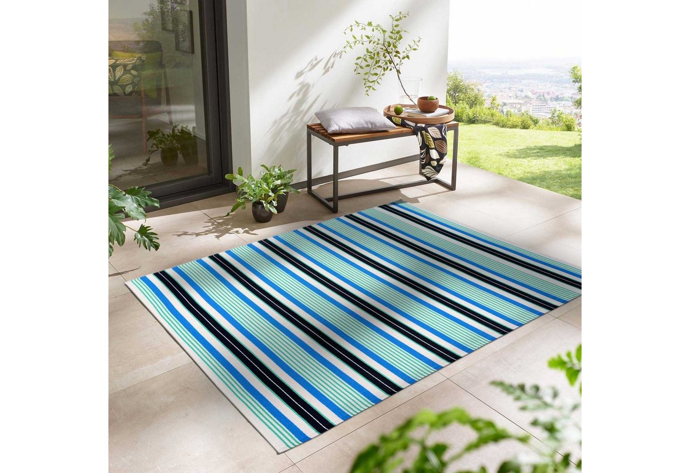 Teppich TaraCarpet Outdoor Teppich Santa Monica wetterfest, TaraCarpet, rechteckig, Höhe: 3 mm, Kurzflor blau-grün gestreift Balkon Garten Terrasse Camping 080x150 cm von TaraCarpet