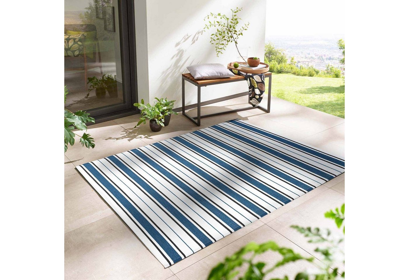 Teppich TaraCarpet Outdoor Teppich Santa Monica wetterfest, TaraCarpet, rechteckig, Höhe: 3 mm, Kurzflor blau-weiß gestreift Balkon Garten Terrasse Camping 080x150 cm von TaraCarpet