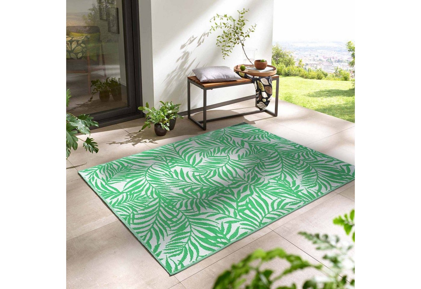 Teppich TaraCarpet Outdoor Teppich Santa Monica wetterfest, TaraCarpet, rechteckig, Höhe: 3 mm, Kurzflor grün weiß Blätter Balkon Garten Terrasse Camping 080x150 cm von TaraCarpet