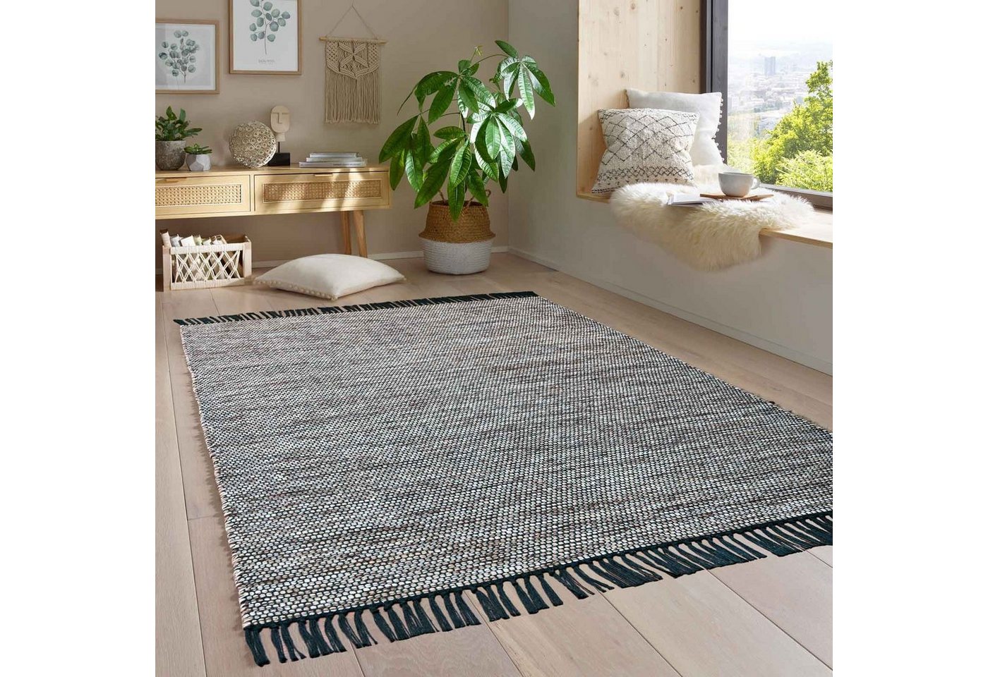 Wollteppich Handwebteppich Borkum 100% Baumwolle, TaraCarpet, rechteckig, Höhe: 5 mm, gewebt Baumwolle braun nachhaltig modern Wohnzimmer Küche 080x150 cm von TaraCarpet