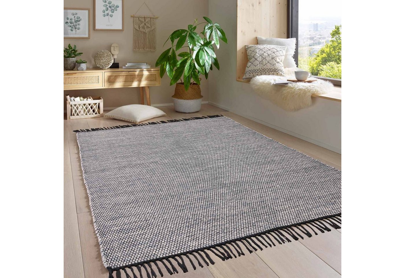 Wollteppich Handwebteppich Borkum 100% Baumwolle, TaraCarpet, rechteckig, Höhe: 5 mm, gewebt Baumwolle grau nachhaltig modern Wohnzimmer Küche 080x150 cm von TaraCarpet