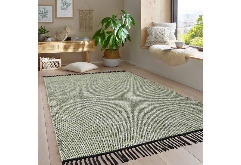 Wollteppich Handwebteppich Borkum 100% Baumwolle, TaraCarpet, rechteckig, Höhe: 5 mm, gewebt Baumwolle grün nachhaltig modern Wohnzimmer Küche 080x150 cm von TaraCarpet