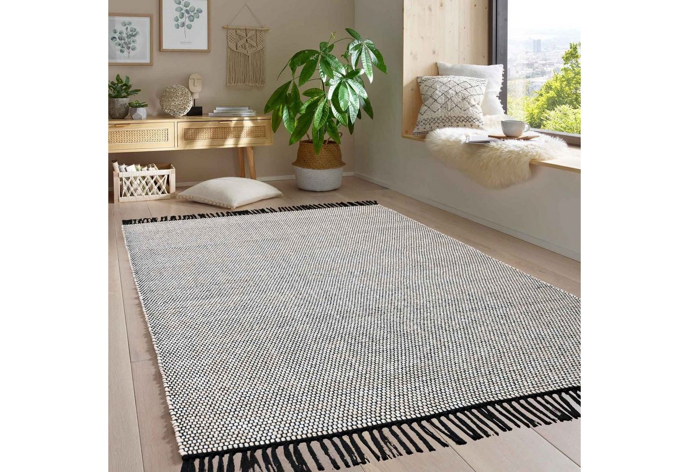 Wollteppich Handwebteppich Borkum 100% Baumwolle, TaraCarpet, rechteckig, Höhe: 5 mm, gewebt Baumwolle natur nachhaltig modern Wohnzimmer Küche 080x150 cm von TaraCarpet