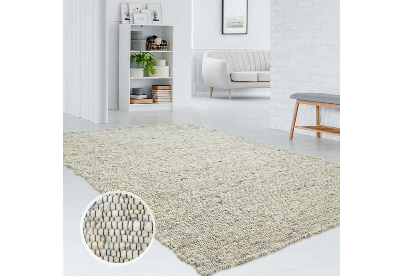 Wollteppich TaraCarpet Handweb Erfenstein, TaraCarpet, rechteckig, Höhe: 13 mm, Schurwollteppich g.beige gewalkt Wohnzimmer Schlaf- Esszimmer 070x130 von TaraCarpet