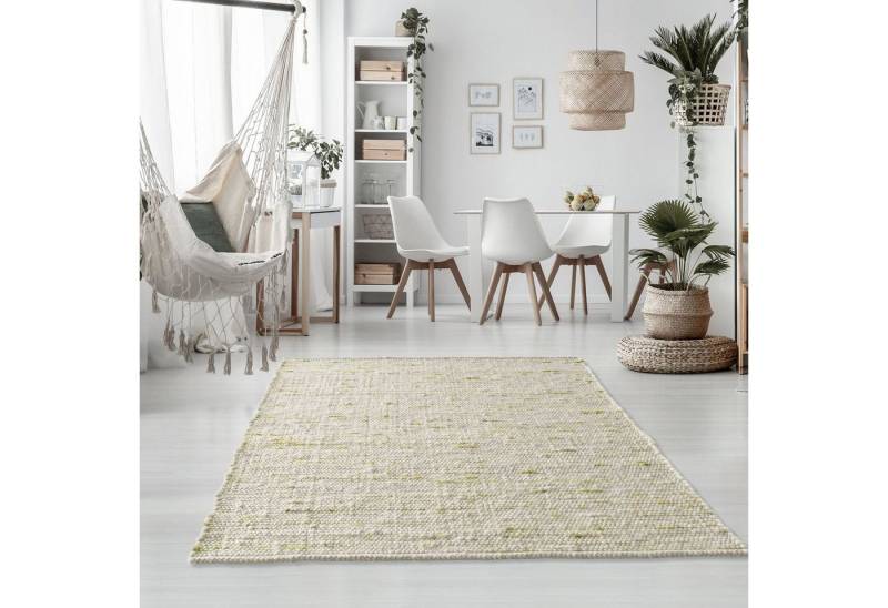 TaraCarpet Wollteppich TaraCarpet Handwebteppich Oslo, rechteckig, Höhe: 10 mm, Schurwolle Handgewebt grün meliert Wohnzimmer Schlafzimmer 070x130 cm von TaraCarpet