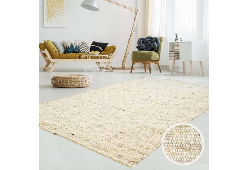 TaraCarpet Wollteppich TaraCarpet Lambrecht, rechteckig, Höhe: 13 mm, Hand-Web-Teppich beige gewalkt Wohnzimmer Esszimmer 070x130 cm von TaraCarpet