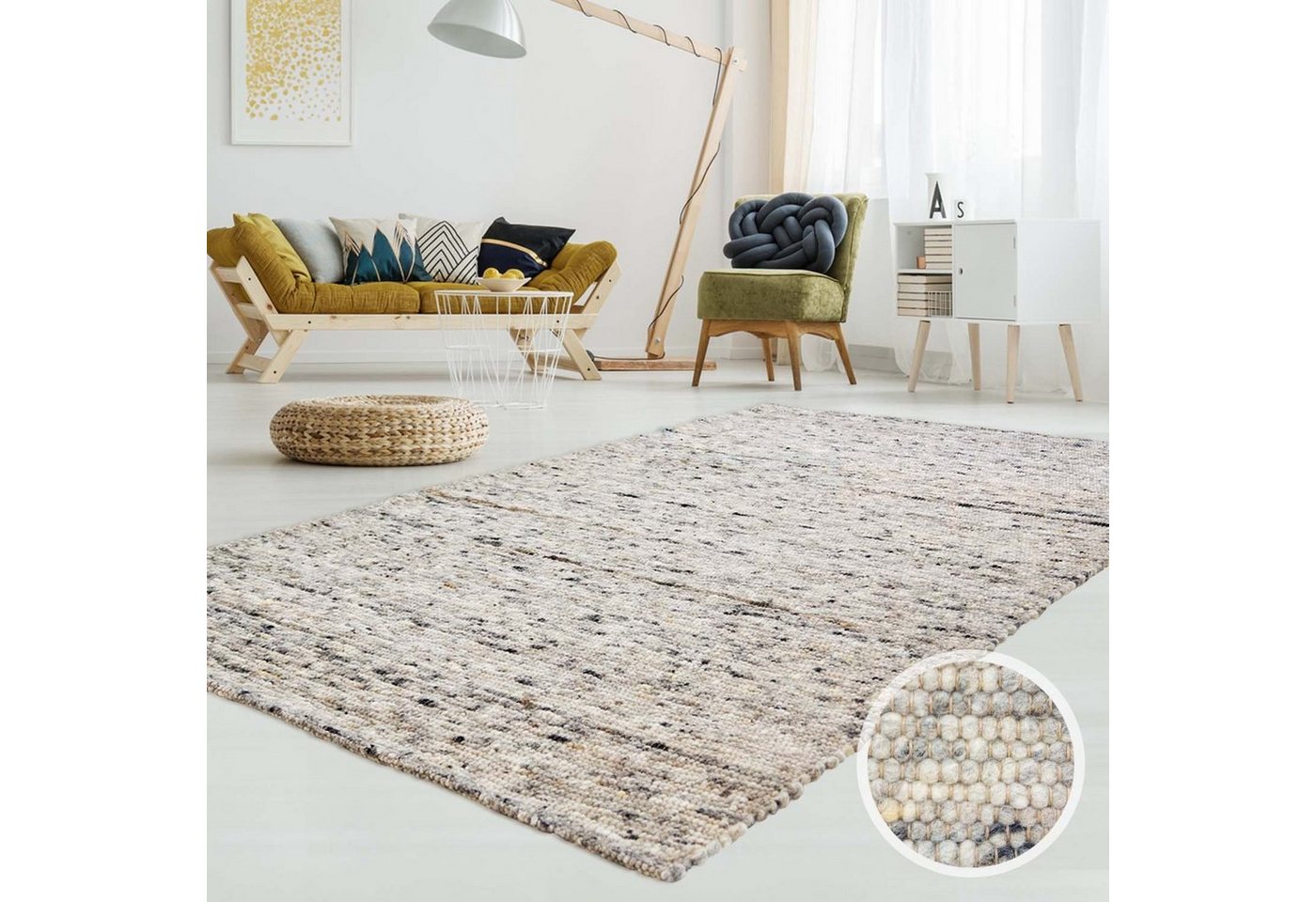 Wollteppich TaraCarpet Lambrecht, TaraCarpet, rechteckig, Höhe: 13 mm, Hand-Web-Teppich grau gewalkt Wohnzimmer Esszimmer 060x090 cm von TaraCarpet