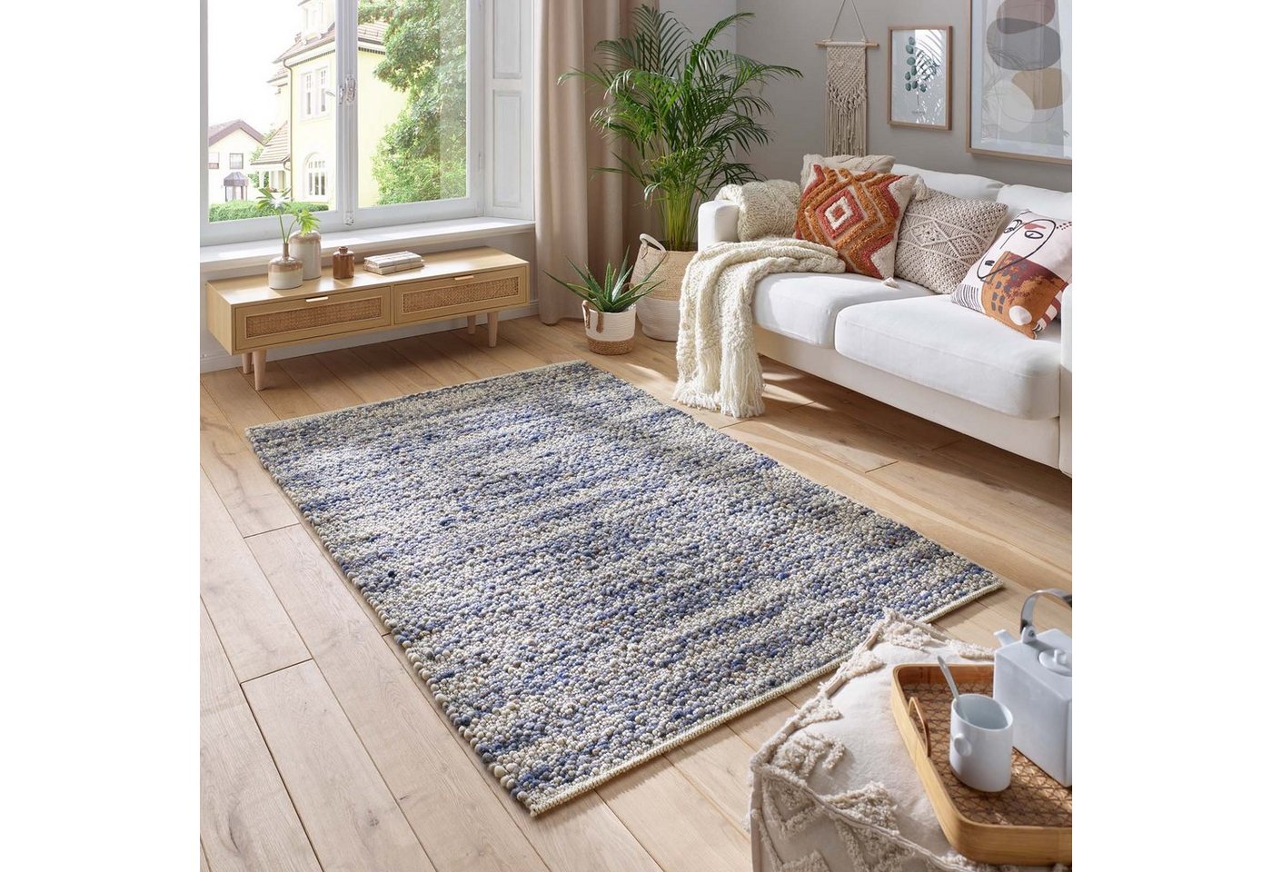 Wollteppich TaraCarpet Neuberg handgewebter Schurwollteppich aus gewalkter Wolle, TaraCarpet, rechteckig, Höhe: 15 mm, Handgewebt Teppich blau Wohnzimmer Schlafzimmer 070x130 cm von TaraCarpet