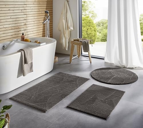 Badematte Homestyle rutschfest waschbar Badezimmerteppich Bad-Vorleger, WC Deko, Duschvorleger für Dusche und Badewannen sehr weich und als Set kombinierbar Taupe Blätter 120 cm rund von Taracarpet